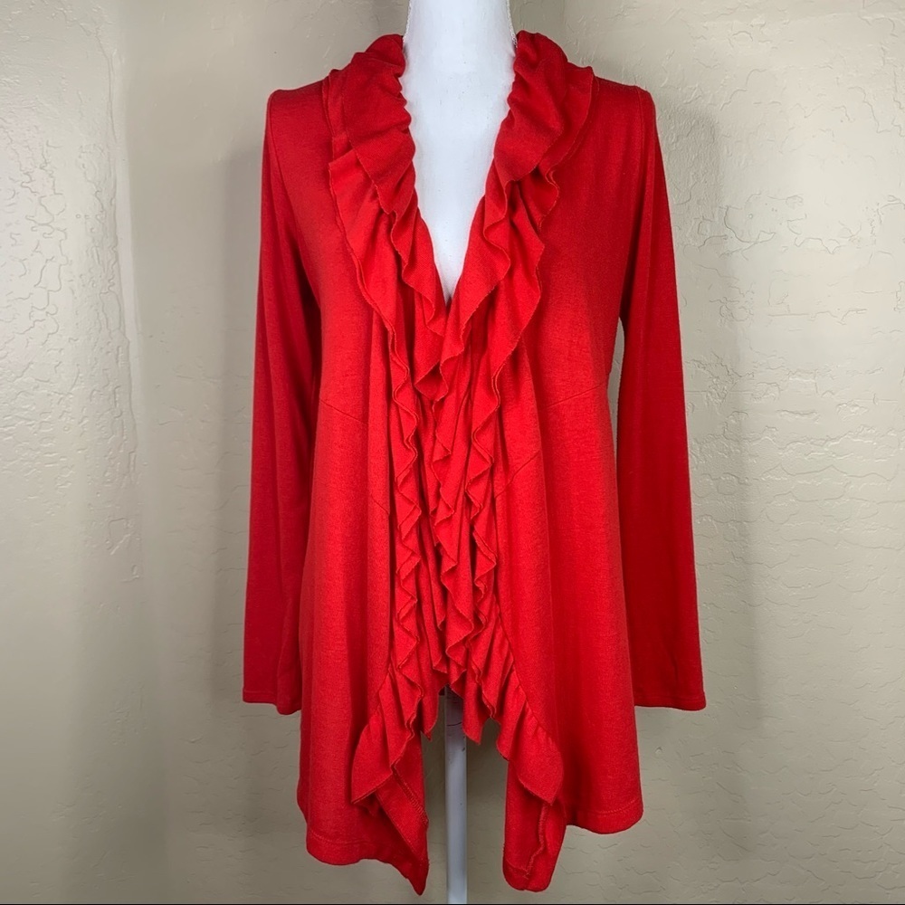 Charming Charlie Red Ruffle Trim Cardigan Sweater